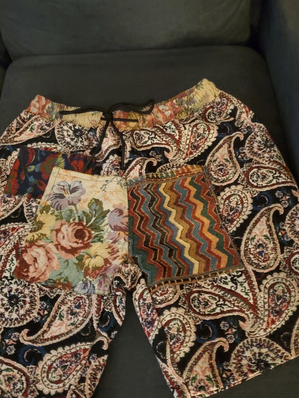 Patchwork Tapestry Shorts with Floral, Chevron, and Paisley UNISEX - Picture 1 of 6